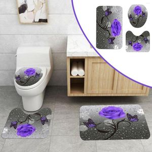 Badmatten Verwarmde Deken Twin Size 3Pcs Retro Vlinder Rose Badkamer Mat U Vorm Tapijt Wc Deksel Cover Set (paars) H Tapijt