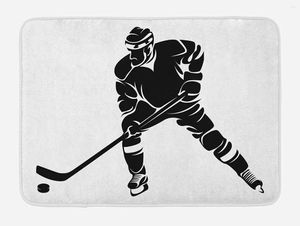 Bath Mats Hockey Mat Abstract zwart silhouet van een competitieve speler in de positie Sportsman plush badkamerdecor