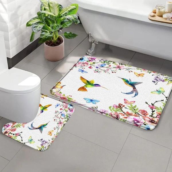 Alfombras de baño con diseño de colibrí, alfombra de baño con flores, acuarela, pájaro, decoración del baño para el hogar, plantas tropicales, hojas verdes, decoración de bañera