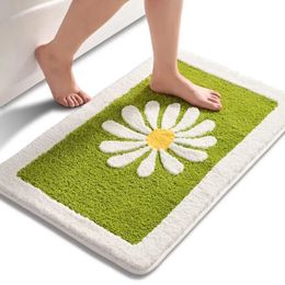 Badmatten Inyahome Groene Badkamer Tapijt Mat Leuke Daisy Witte en Gele Bloem Decor Tapijten Antislip Vloertapijt Microvezel Badmatten 231019