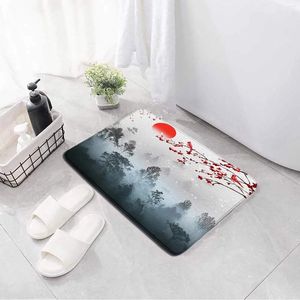 Tapis de bain Tapis de peinture de paysage Rouge Soleil Brume Forêt Encre Fleur Oiseau Esthétique Art Salle de bain Décor Anti Slip Pied Tapis de toilette Carpt