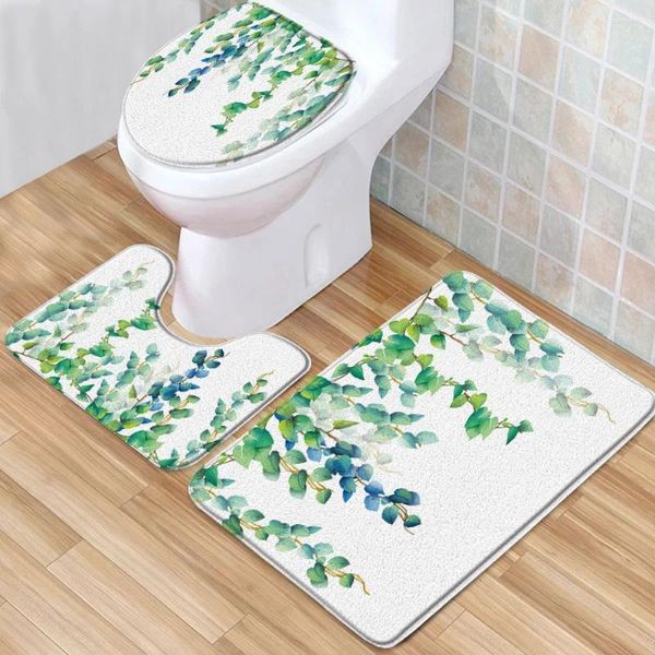 Alfombrillas de baño Mat de hojas Patrones 3D Flores de planta verde Flores de hojas de pila baja Cubierta de inodoro de espuma en forma de U de 3