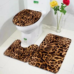 Tapis de bain Ensemble de tapis imprimé léopard marron fourrure animale mode fille maison tapis de sol salle de bain décoratif tapis antidérapants couverture de couvercle de toilette