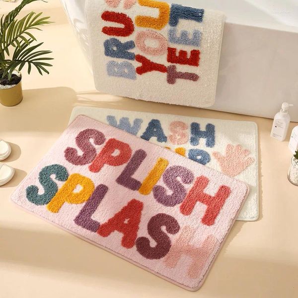 Tapis de bain Tapis de sol en microfibre avec lettres anglaises, pour salle de bain, lavez-vous les mains, antidérapant, tapis de pied de baignoire, coussin absorbant pour porte d'entrée