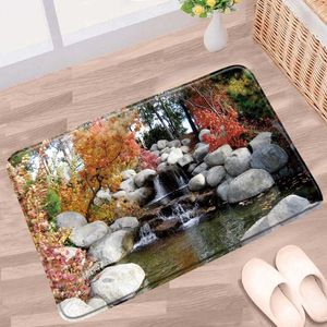 Tapis de salle de bain Nature de salle de bain Natte de salle de bain Waterfall Forest Mountain Cherry Blossom Plant Paysage de tapis sans glissement