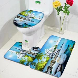 Badmatten Nautische zeilboot Ocean Mat Set eiland tropische kokosnootbomen vogel Hawaii natuur landschap badkamer decor tapijten toiletomslag