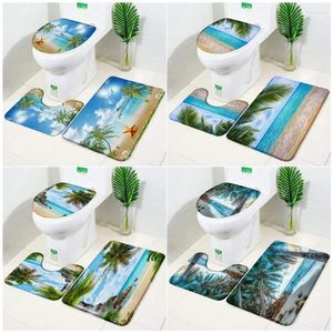 Tapis de bain Océan Tapis de plage Ensemble Île Cocotiers Étoile de mer Vagues de mer Paysage Maison Tapis Salle de bain Décor Tapis de sol Couvercle de toilette Couverture