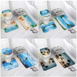 Badmatten Ocean Beach Set Starfish Conch Palm Trees Dolphin Nature Landscape Home Badkamer Decor Deur Tapijt Tapijt Toilet Deksel Mat