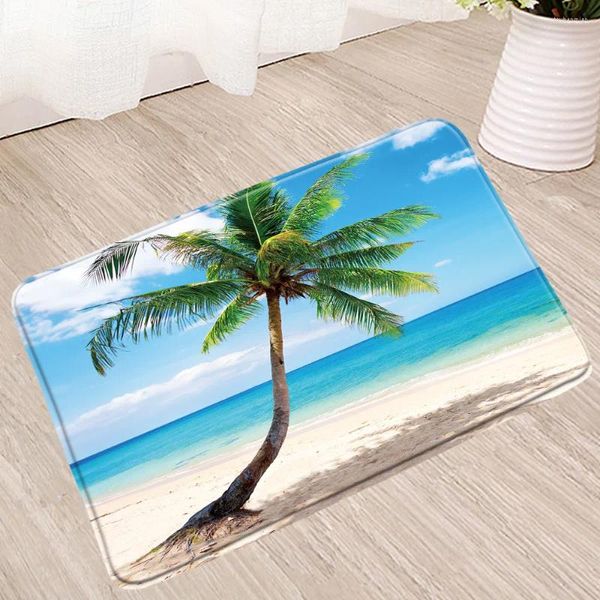 Alfombras de baño Ocean Scenery Mat 3D Coconut Tree Planta antideslizante Cabina de ducha Habitación Inodoro Piso Pad Muebles de baño Alfombra Alfombra