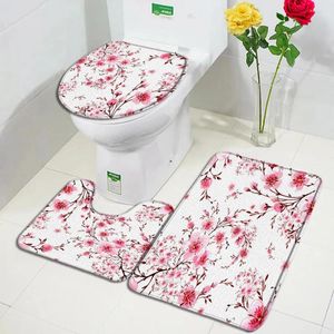 Tapis de bain Rose Cerisier Fleur 3 pièces Ensemble Plante Fleurs Tapis Moderne Impression Maison Salle de Bain Décor Tapis de Porte Tapis de Couverture de Toilette antidérapant