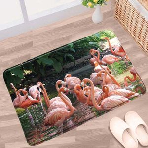 Mattes de bain Pink Flamingo Salle de bain Plantes vertes Feuilles de fleurs Animal Modèle Tapis sans glissement Flanelle Cuisine Entrée Porte de porte Carpets Aisle