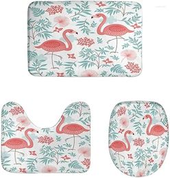 Badmatten roze flamingo's badkamer tapijten set 3-delige exotische vogel bloemen tropisch groen blad plantenmat anti-skid badtub toilet tapijt