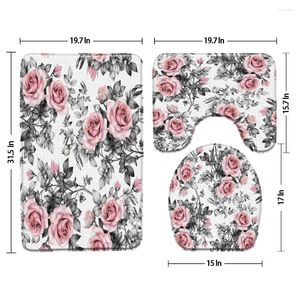 Badmatten Roze roze bloemen Grijze badkamer Set Bloemplanten Print decor vloermat u-vormig kussen toiletbril cover