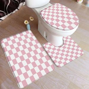 Mattes de bain Pink White Plaid Mat Set moderne Style Nordic Geometric Art Home Portet Carpet Bathroom Decor Floor Floor Cound Woilet Livre