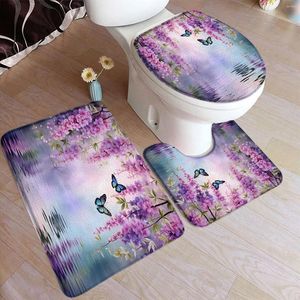 Baignoires tapis de fleurs violettes Nature Nature Floral Butfly Feuilles vertes Plant Plancheur Maison Capine de salle de bain Décor de sol Couvrette de toilette