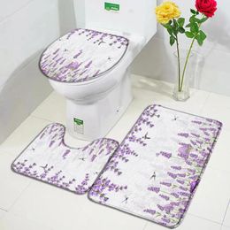 Mattes de bain Purple Lavender Mat Set Plant Plante Hummingbird Dragonfly Mushroom Aquarement Floral Carpet Home Bathroom Decor Dec Top Toilet