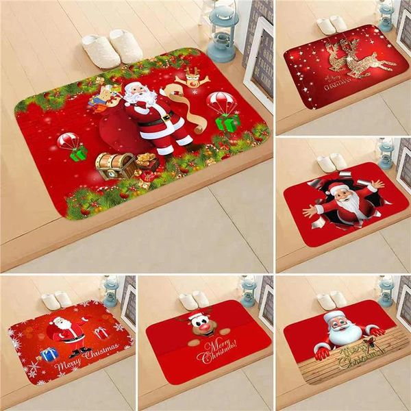 Mats de baño Red Christmas Mat Santa Claus Elk Piso Xmas Non-Slip Pekorking Kitchen Baño 2024 Decoración feliz para el hogar