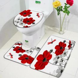 Mattes de bain fleurs gris rouges tapis libellule plantes florales rustiques modernes de décoration de salle de bain minimaliste tapis non glissé couvercle de toilette