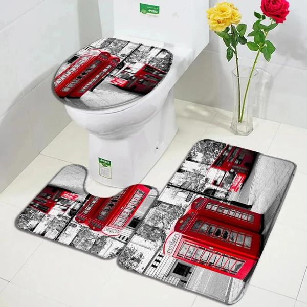 Mattes de bain Boot téléphonique rouge Set Mat à glissement Set Vintage Bus London Street View European Bathroom Deccor Tapis couvercle de couvercle de toilette