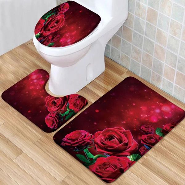 Alfombras de baño Red Rose Mat Set Negro Blanco Rayado Día de San Valentín Flor de pila baja Espuma de memoria Cubierta de inodoro Alfombra en forma de U