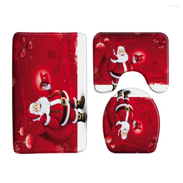 Tapis de bain Rouge Père Noël Décor Ensembles de salle de bain Cheminée Bonhomme de neige Flanelle Tapis antidérapant Couvercle de toilette Couverture Tapis de porte Tapis de pied