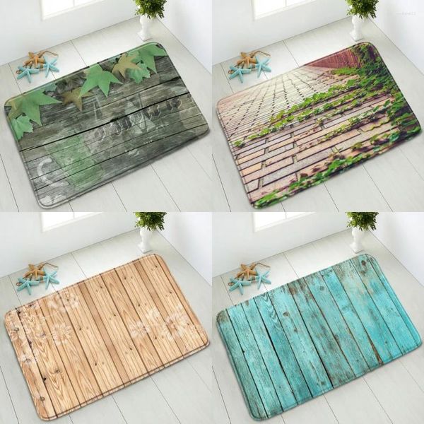 Alfombrillas de baño Plank de madera retro de baño sin deslizamiento de hojas verdes plantas paredes de ladrillo en vides estera de piso interior de la cocina alfombra absorbente