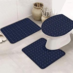 Badmatten Tapijten Set van 3 marineblauw gestreepte zigzag niet-slip badkamer tapijt u-vormig contour toiletmat deksel deksel geometrisch