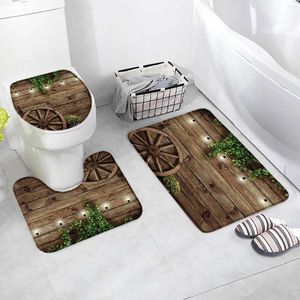 Tapis de bain rustique Toard en bois Ensemble de tapis de ferme vintage Roue en bois Verte Verrette Plant Home Bathroom Decor Floor Tapis Coud Couvercle de toilette