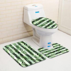 Tapis de bain Set 3 Bamboo Feuilles de salle de bain tapis de salle de bain rayés tropicaux tropicaux Green Low Pile Mémoire de mousse de mousse de toilette