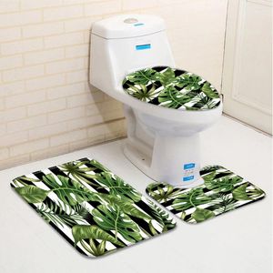 Tapis de bain Ensemble de 3 feuilles tapis de salle de bain Black blanc rayé à rayures vertes feuilles de banane bas mate de mousse de mousse de mousse de mousse de toilette