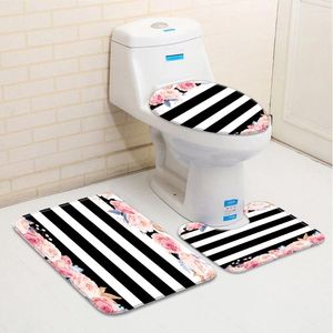 Mattes de bain Ensemble de 3 tapis de salle de bain rayés noirs blancs printemps rose floral bas mec à mémoire de mousse de mousse de mousse de toilette