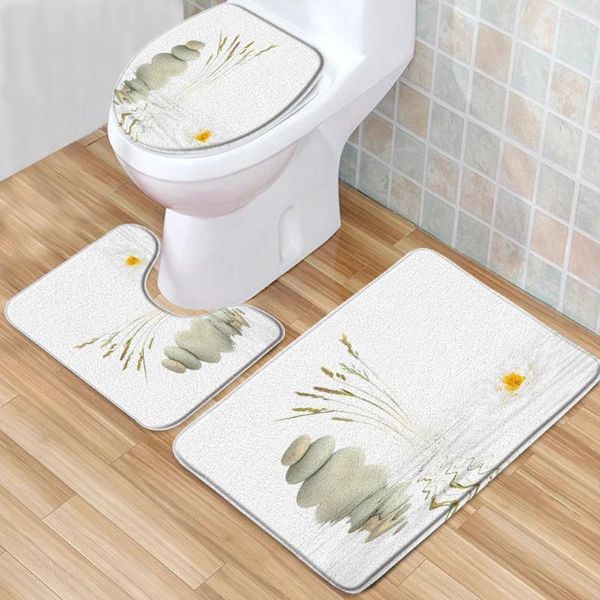 Mattes de bain Ensemble de 3 tapis de salle de bain zen Bouddha Fleurs Grass Stone Nature Direstaire Low Pile Memoron Mat mousse Toilet Toilet Couvercle en U.