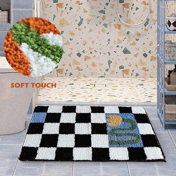 Tapis de bain doux flocage douche tapis de sol créatif damier épaissir toilette anti-dérapant tapis salle de bain décoration porte tapis