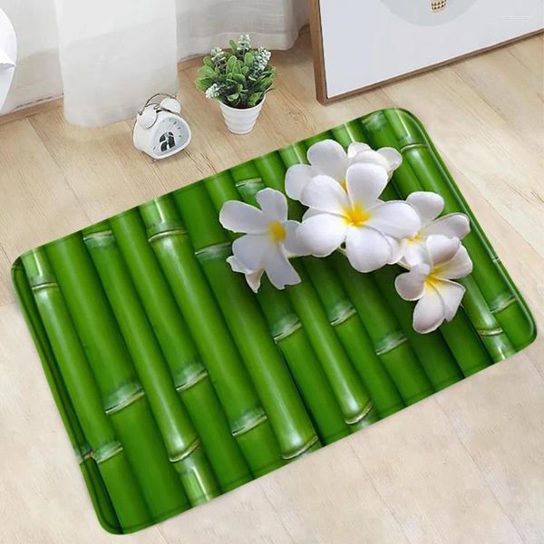 Tapis de bain Spa paillasson tapis de salle de bain en bambou plantes vertes paysage floral blanc flanelle tapis antidérapant chambre cuisine entrée allée tapis