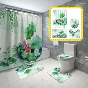 Badmatten Zomer Lotusbloemen Douchegordijn Sets Antislip Tapijten Wc-deksel Cover Mat Badkamer Waterdichte Gordijnen Alfombra Bano