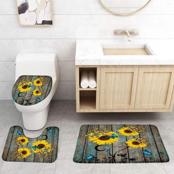 Baigniers Tapis de tournesol Ensemble de tapis bleu papillon vintage Boîte en bois Fleurs jaunes Carpet de salle de bain DÉCOR DE SALLE DE SALL