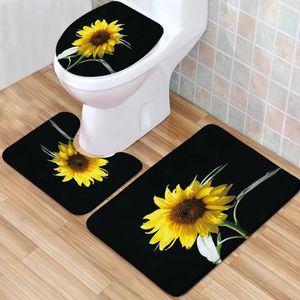 Esteras de baño girasoles colchonetas de color naranja sol hermoso hermoso floral amarillo pilotes bajos memoria cubierta de inodoro alfombra en forma de U