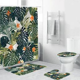Mattes de bain Tropical Green Plant Feuille de douche de douche de douche avec tapis de toilettes de toilettes à tapis sans glissement.