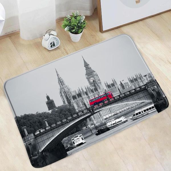 Tapis de bain Vintage nostalgique paysage de ville salle de bains bus rouge noir blanc rue architecture décor tapis antidérapant cuisine porte allée tapis