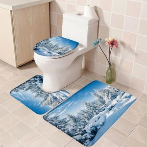 Mattes de bain Hiver Forest Snowy Salle Room Set Christmas Gift Ice Ice Bear Tree Happy Year Mat Toilet Déco