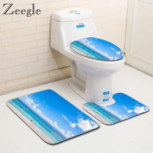 BADMATS ZEEGE 3D Strandpatroon Mat Set LID Toiletbedekking Microvezel Douche Non-slip Tapijtbadbadkamer Voet zachte vloer
