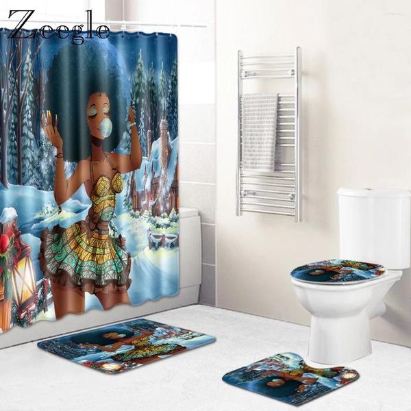 Mattes de bain zeegle femme africaine rideau de douche de douche couvercle de toilette Mat 4pcs Set Soft Absorbant Piedstal tapis de salle de bain paillasson de salle de bain