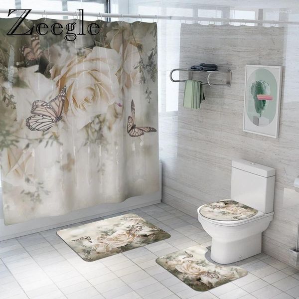 Mattes de bain Zeegle Flower Match Curtain de douche Rideaux de salle de bain avec crochets tapis piédestal sans glissement de couvercle de couvercle de toilette