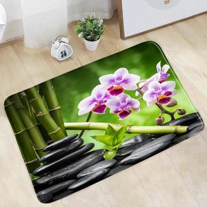 Badmatten Zen badkamer mat groen bamboe paarse orchidee zwart steen plantlandschap spa deco flanel niet-slip tapijt keuken deuropening gangpad tapijt
