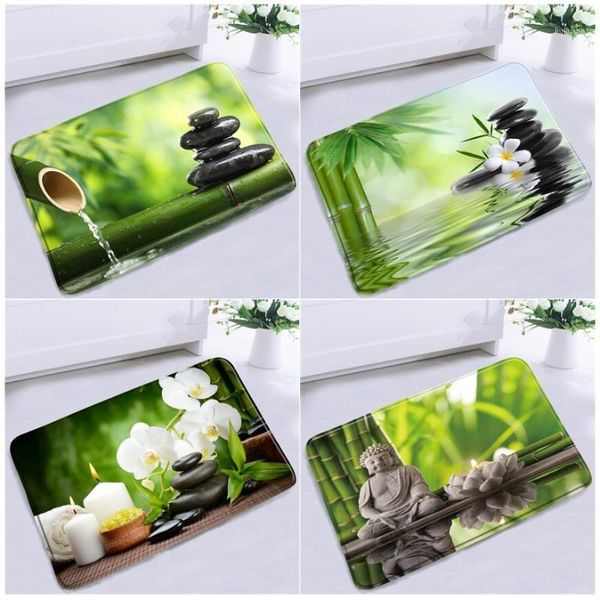 Tapis de bain Zen vert bambou bouddha noir pierre orchidée jardin paysage porte tapis chambre sol tapis salle de bain anti-dérapant tapis tapis décor