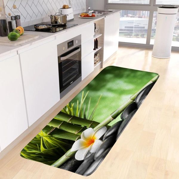 Chattes de bain Zen Green Bamboo Cuisine Planchers Blanc Fleur Blanc Black Stone Plant Plant Nature Coucheur Long Rapis Home Decor Non Slip