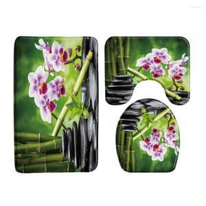 Mattes de bain Zen Stone Green Bamboo Flower Mat 3 PCS Set Salle Bathroom tapis baignoire Tapis de toilette antidérapante Produits de couverture de toilette