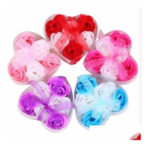 Sales de baño Venta al por mayor Mezcla de colores En forma de corazón 100% natural Flor de jabón de rosas Regalo romántico hecho a mano 6 piezas Caja de entrega Salud Dh6Kr