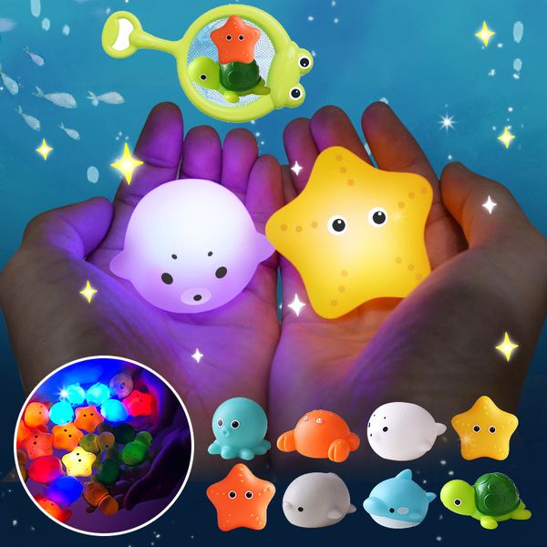 Juguetes de baño Juguetes de baño para bebés Lindos Animales flotantes luminosos Natación Luz de agua Jugar Diversión Baño Bañera Red de pesca para niños Regalo 230525