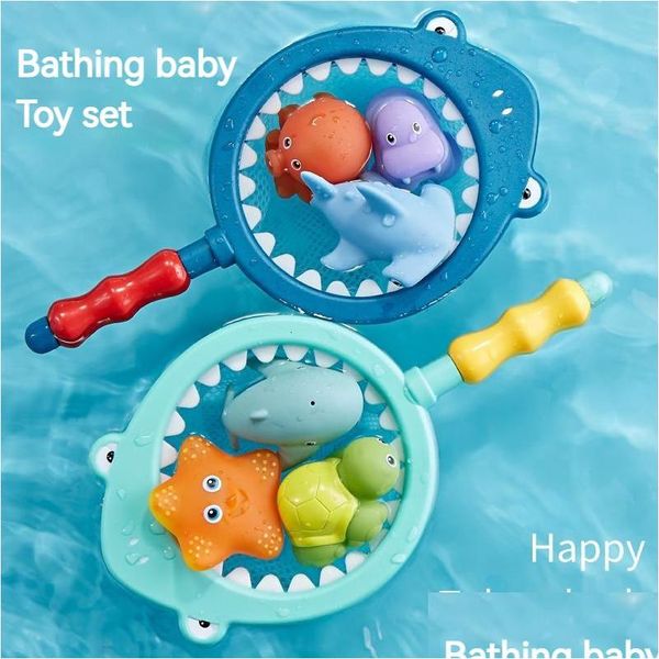 Juguetes de baño Bebé Goma Spray Agua Red Juego de pesca Niños Animal Amasamiento Vocal Juegos de peces flotantes Baño Juguete Entrega de gotas Niños M Dhruz